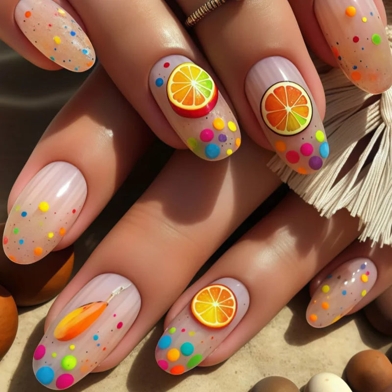 24Pcs Almond Head Press on Nails Fashionable Nail Art Colorful Gradient Flowers False Nails Dreamy Summer Nails Fun Fake Nail