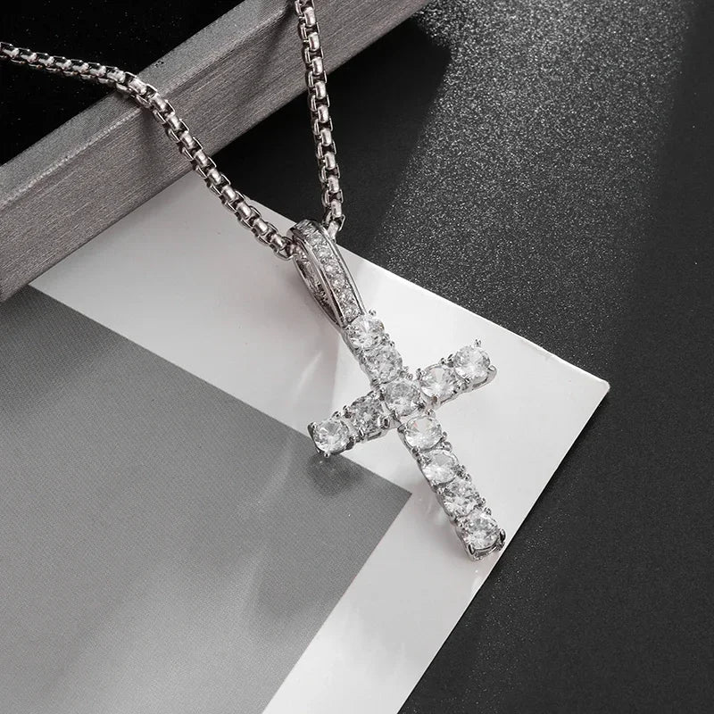 Shiny Ice Crystal Zircon Christian Cross Pendant Men and Women Hip Hop Trend Jewelry Catholic Amulet Necklace