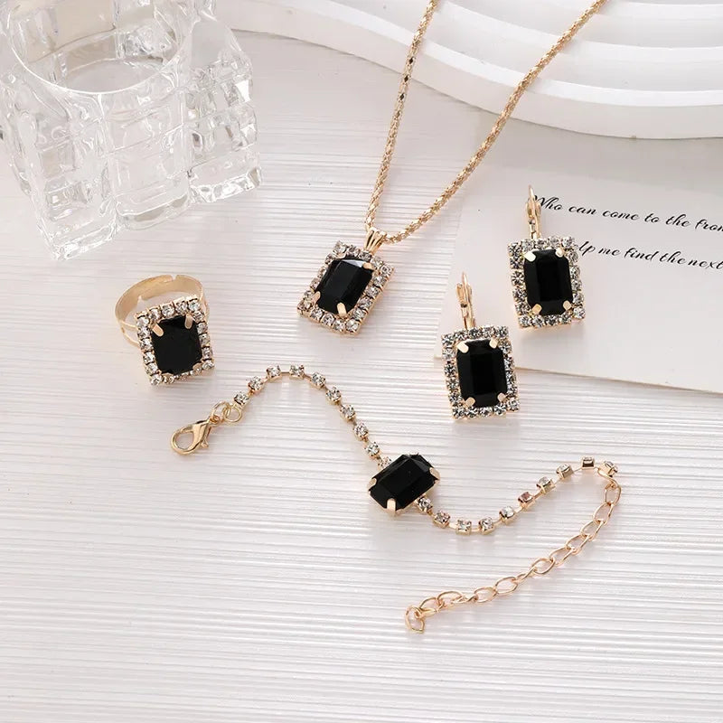 5PCS Zircon Jewelry Set Geometric Square Zircon Necklace Bracelet Ring for Women's Clavicular Chain Fashion  Jewelry Set