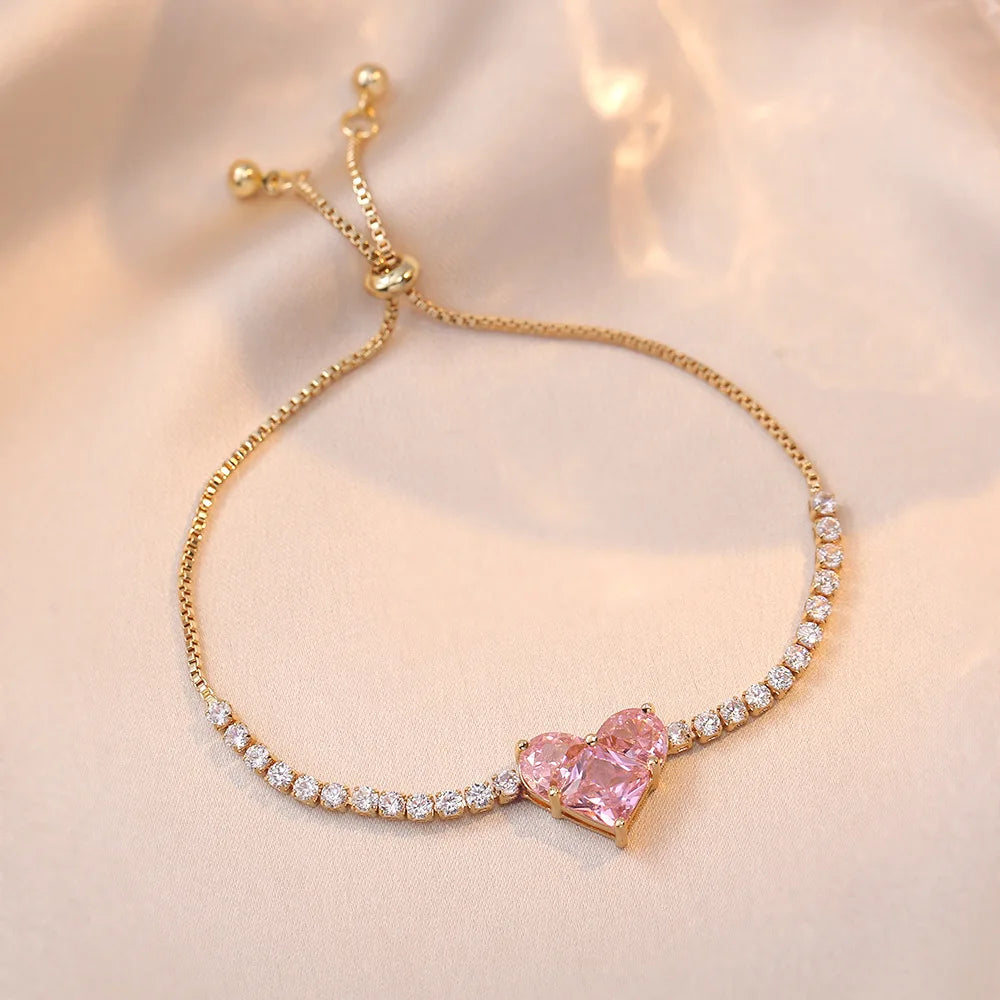 Inlaid Square Zircon Rhinestone Chain Bracelet For Women White Pink Love Heart Bracelets Bangles Wristband Jewelry Gift For Girl