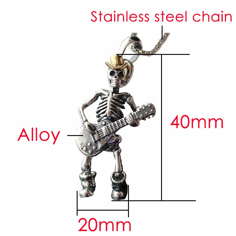 Vintage Skull Playing Guitar Pendant Necklace For Men Fashion Hip Hop Rock Party Stainless Steel Chain Hip-hop Jewelry Gifts