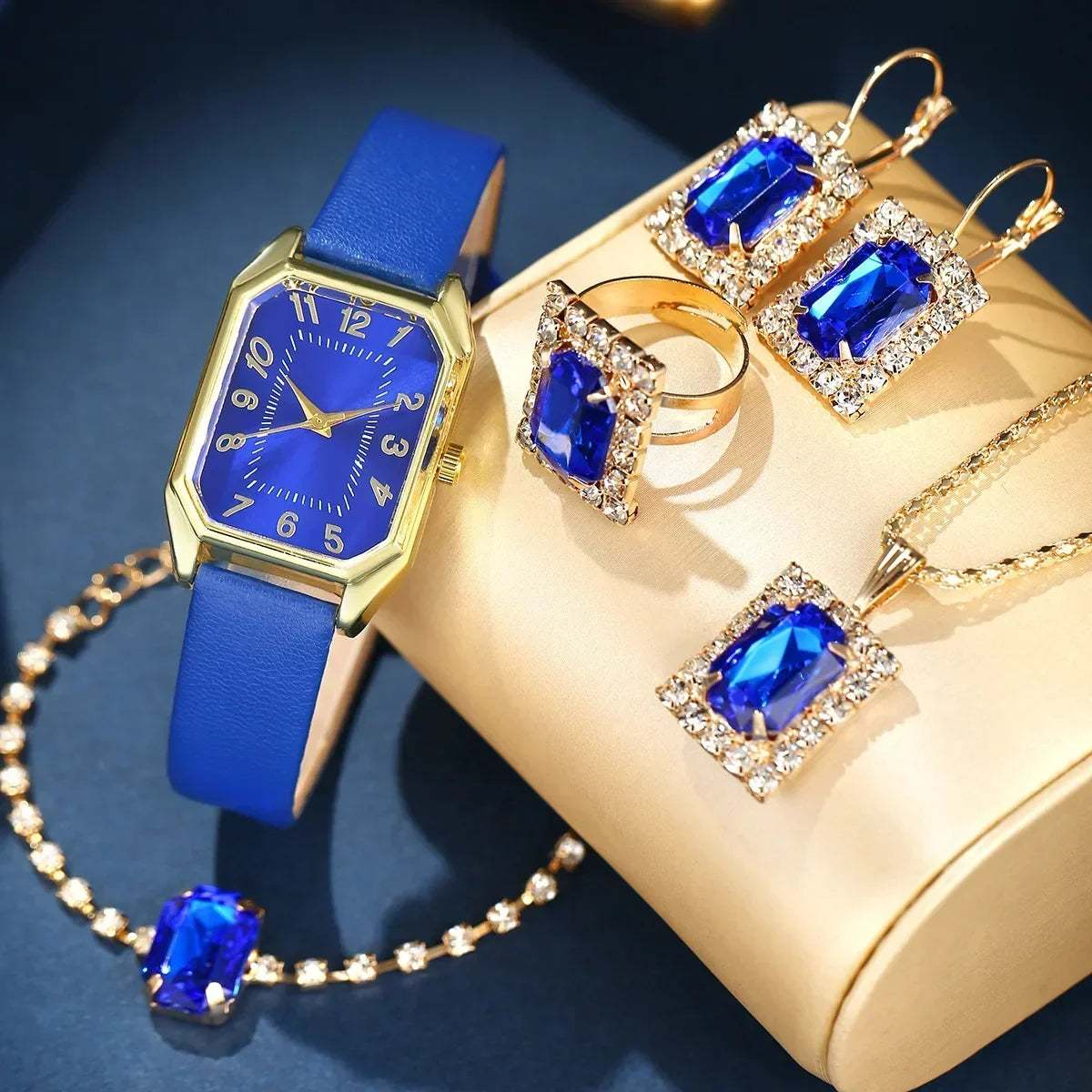 2024 New Leisure Fashion Leather Women's Business Square Quartz Watch Korean Rhinestone Jewelry Set Reloj Mujer Elegante