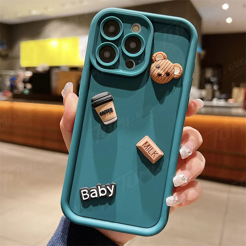 Coffee Bear Shockproof Soft Phone Case For iPhone 15 14 13 12 11 Pro Max X XR 7 8 Plus Candy Liquid Silicone Bumper Back Cover