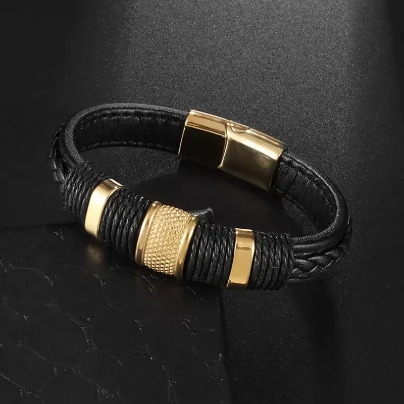 Classic Vintage Magnetic Buckle X Pendant Black Leather Bracelet, Suitable for Men\\\\\\'s Fashion Casual Rock Jewelry