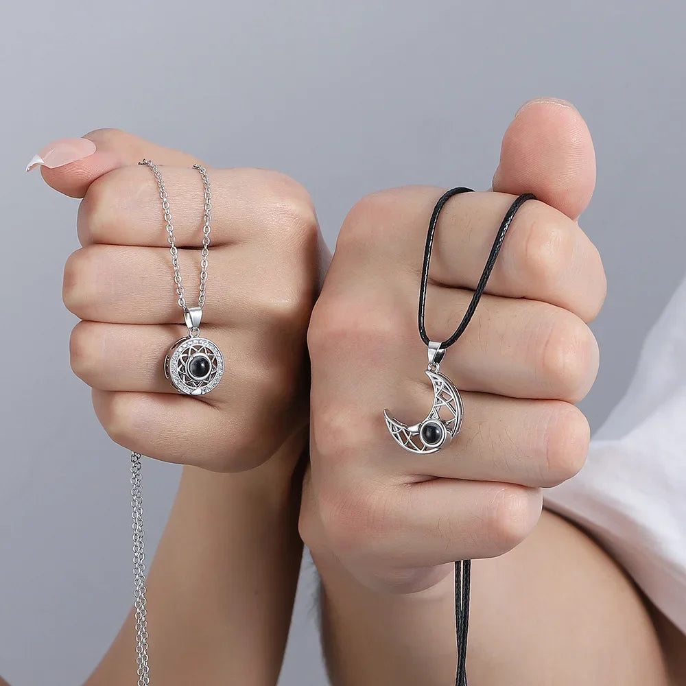 Fashion Couple Matching Necklace Sun Moon Necklaces for Lovers Gift Heart Magnetic Paired Pendant Jewelry Chain Choker 2 Pcs/set