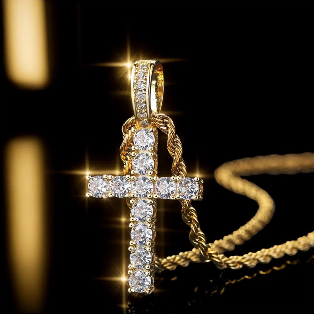 Cross Iced Out Pendant Necklace For Men Hip Hop Delicate Gold Color Cuban Rope Rapper Homme Chain on Neck Accessories OHP145