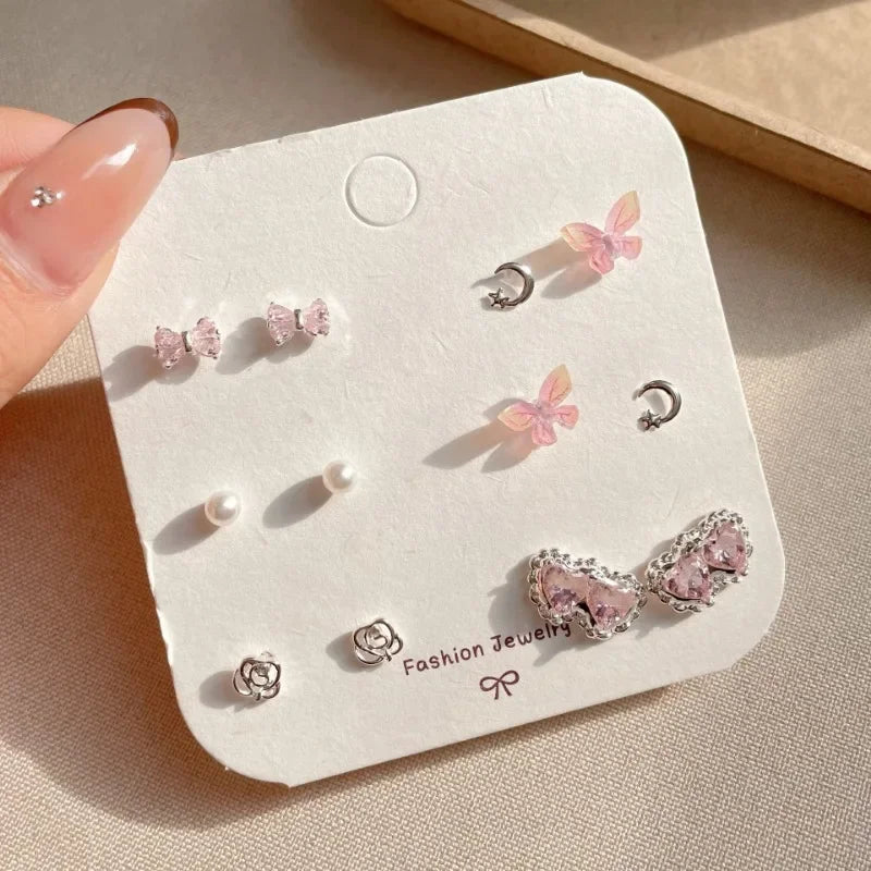 Cute 6/7Pair Set Butterfly Heart Stud Earrings for Women Girl Exquisite Party Dailywear Jewelry Birthday Gift Simple Accessories