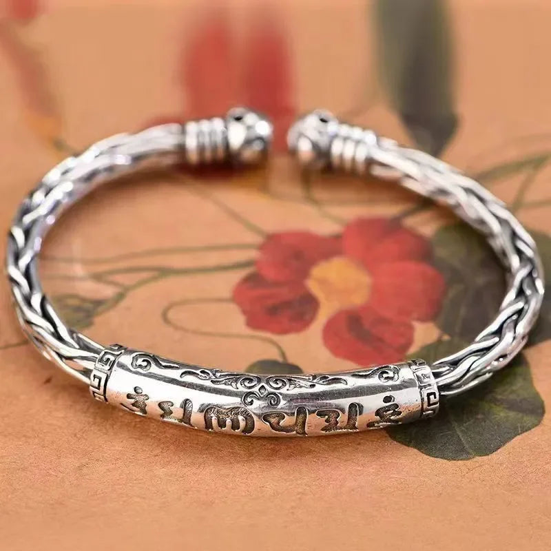 Retro Pattern Sanskrit Opening Bracelet Buddhist Six-Character Mantra Twist Cuff Bangles Men and Women Fashion Jewelry Gift