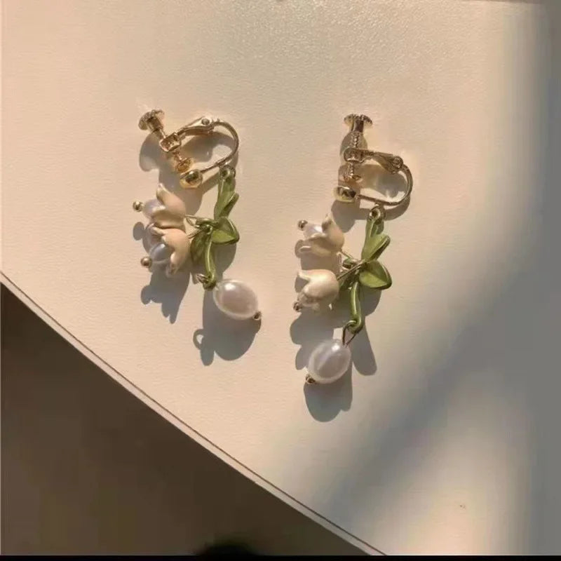 White Lily Of The Valley Bracelet Earrings Necklace Set Super Fairy Stud Earrings Girls Clavicle Chain Flower Jewelry Gifts