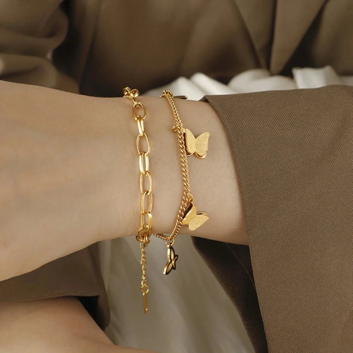 Stainless Steel Double Layer Butterfly Bracelet For Women Girls Gold Color Non-fading Hand Chain New Trendy Party Jewelry Gifts
