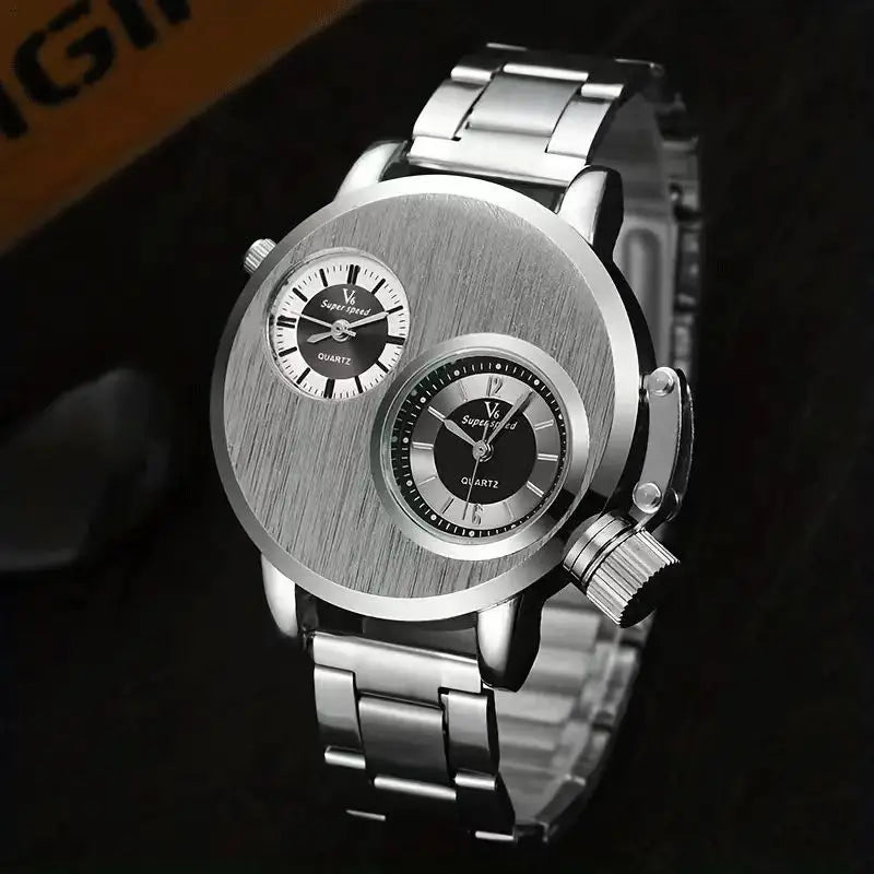 YIKAZE Luxury Quartz Men's Watches Punk Style Dual Dial Business Men Wristwatch Stainless Steel Strap Waterproof Military Watch
