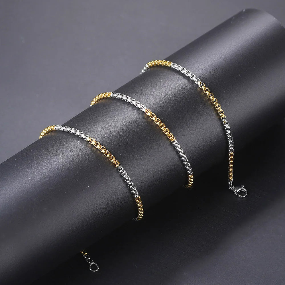 Stainless Steel Round Box Chain For Men Boys Square Rolo Necklace Women Hip Hop Jewelry Gifts Width 3mm Length 60cm C021