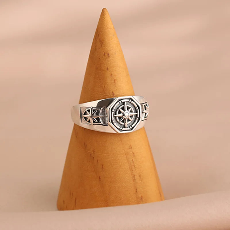 Retro Poseidon Compass Ring Silver-Plated Hexagram Opening Adjustable Ring Men and Women Hip-Hop Trend Jewelry Gift