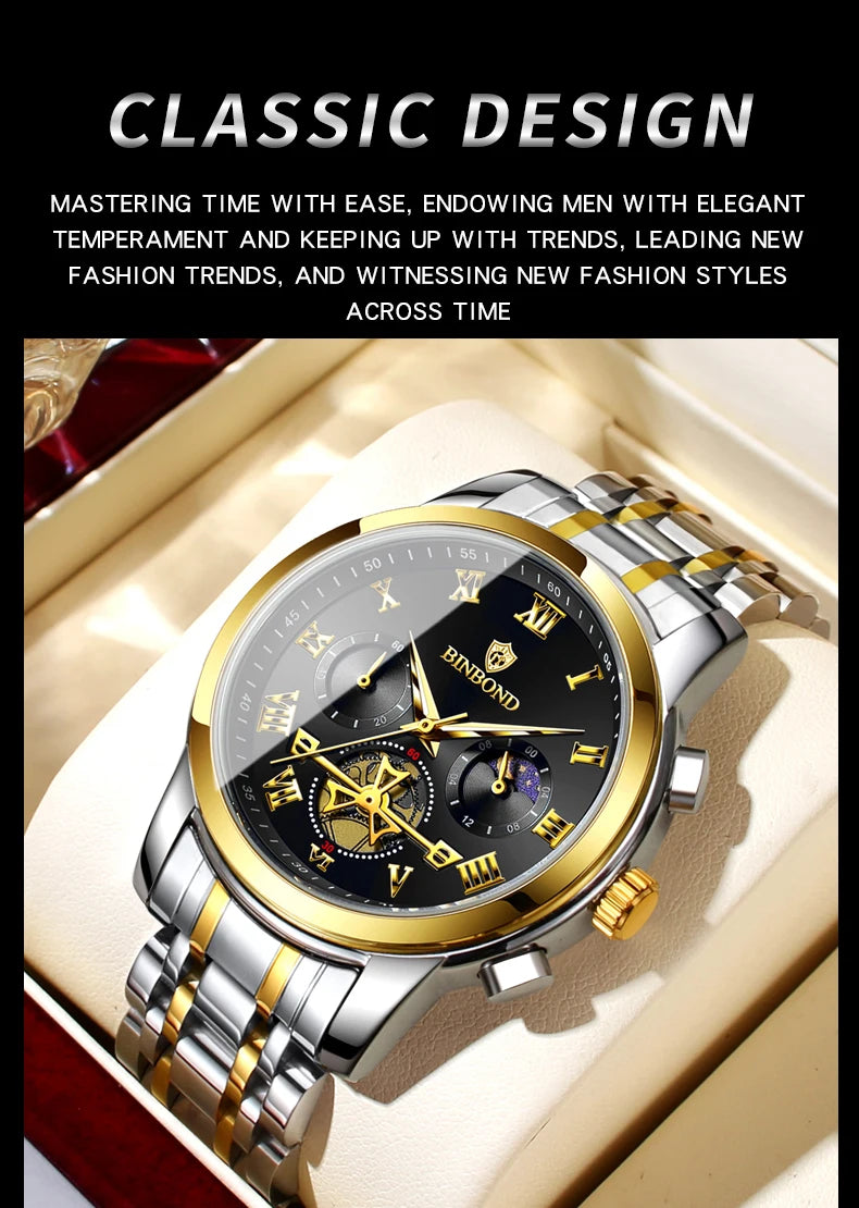 BINBOND B780 Top Brand Mens Quartz Luxury  Stainless Steel Luminescence Clock Casual Chic Waterproof Outdoor Sport Watch