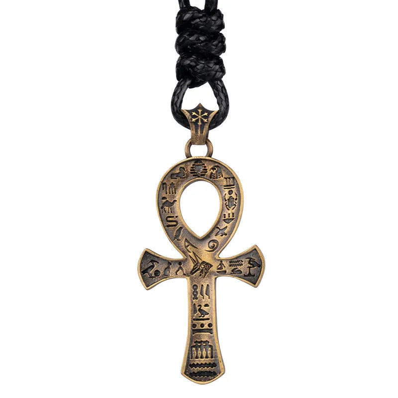 Ancient Egyptian Pharaoh Life Anka Cross Stainless Steel Necklace Anubis Totem Pendant Men\'s Amulet Jewelry Leather Rope Chain