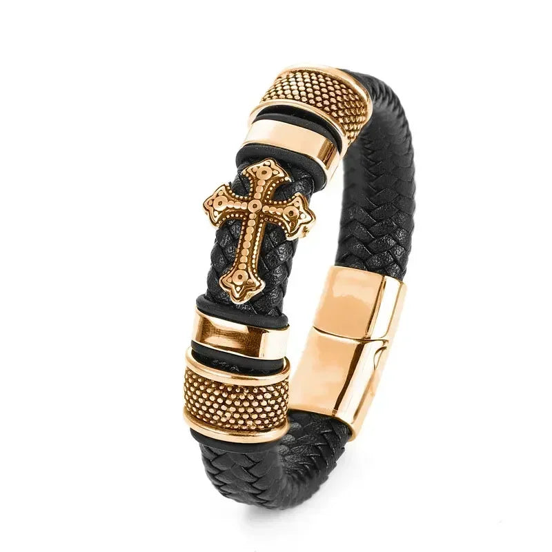 Classic Vintage Magnetic Buckle X Pendant Black Leather Bracelet, Suitable for Men\\\\\\'s Fashion Casual Rock Jewelry