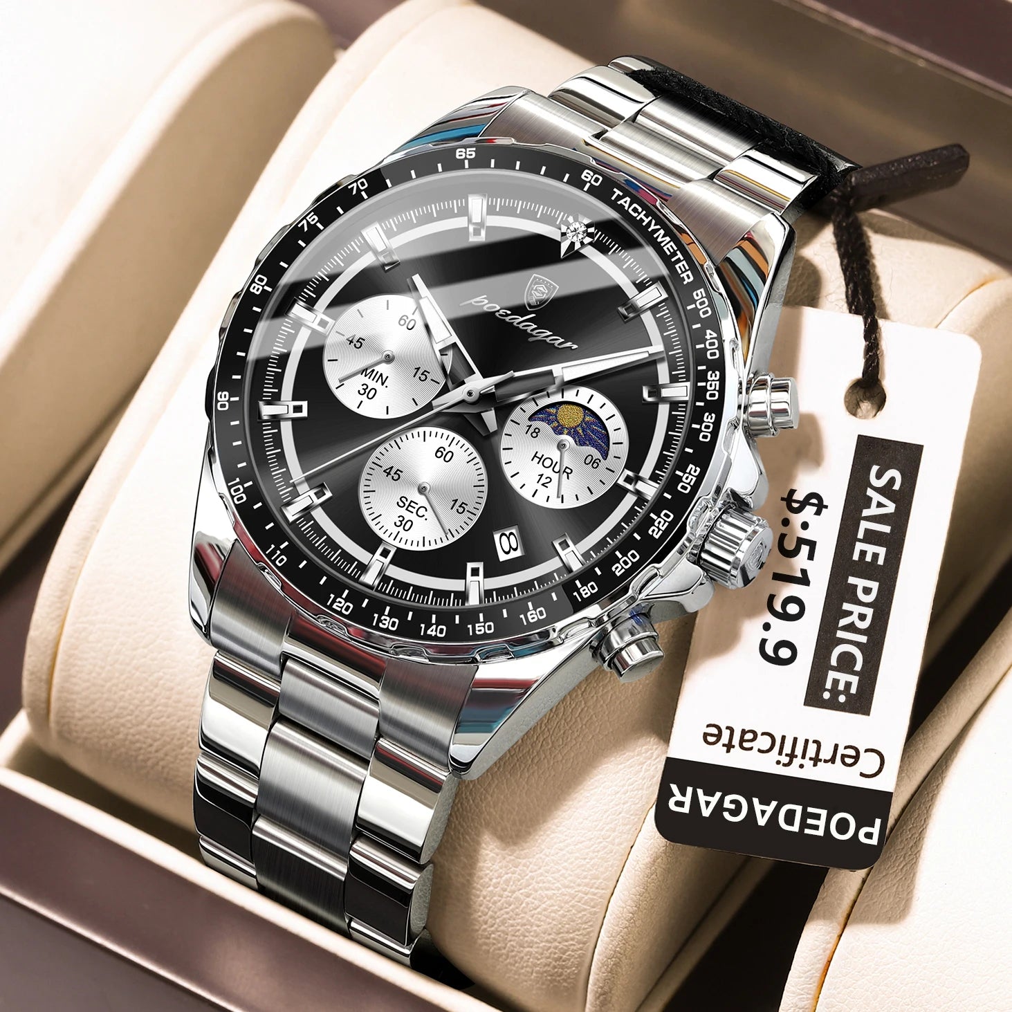 POEDAGAR Luxury Sport Watch For Men Waterproof Luminous Date Chronograph Man Wristwatch Stainless Steel Men's Quartz Watches+Box