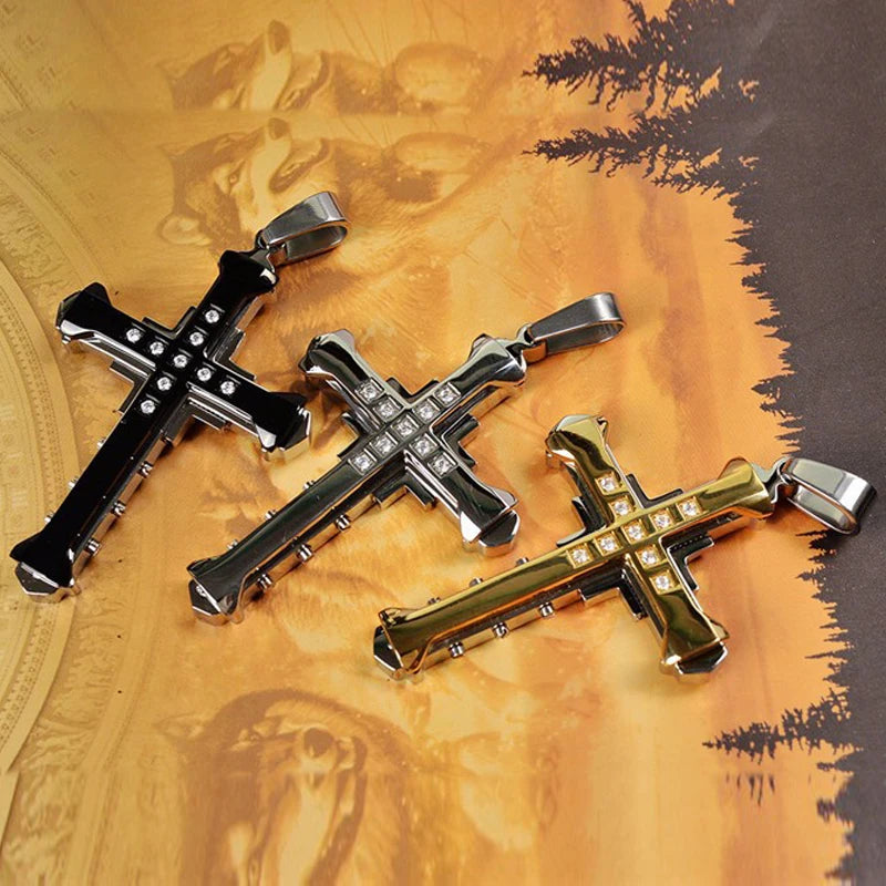 2025 Ins New Cross Pendant Necklace For Men Simple Cool Zircon Black Gold Color Stainless Steel Chain Hip Hop Punk Jewelry Gift