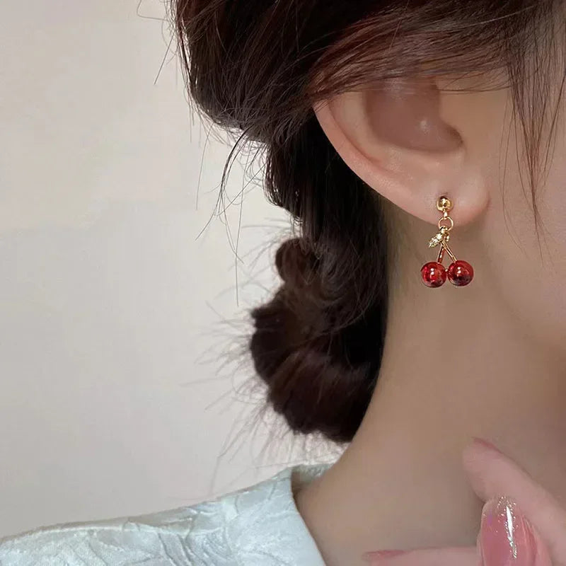 Red Cherry Pendant Necklace Stud Earrings Set Women's Fashion Fruit Necklace Earrings Jewery Set For Party Wedding Girls Gifts