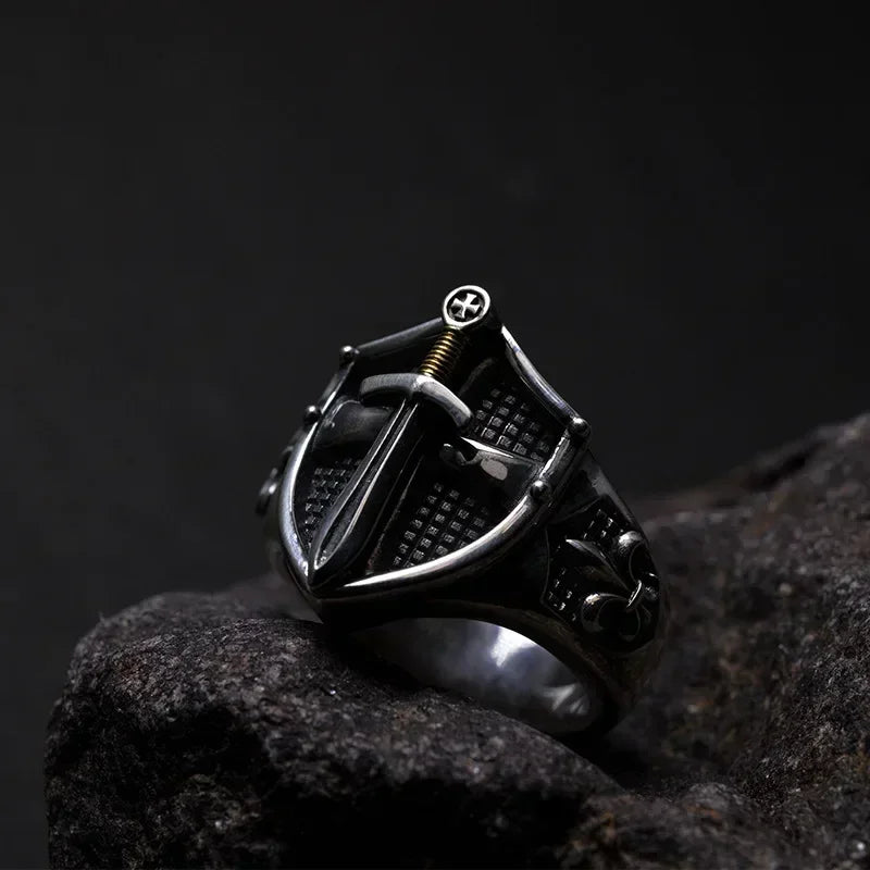 Punk Excalibur Open Ring Vintage Medieval Templar Shield Ring Men's Domineering Cool Trend Jewelry Gift
