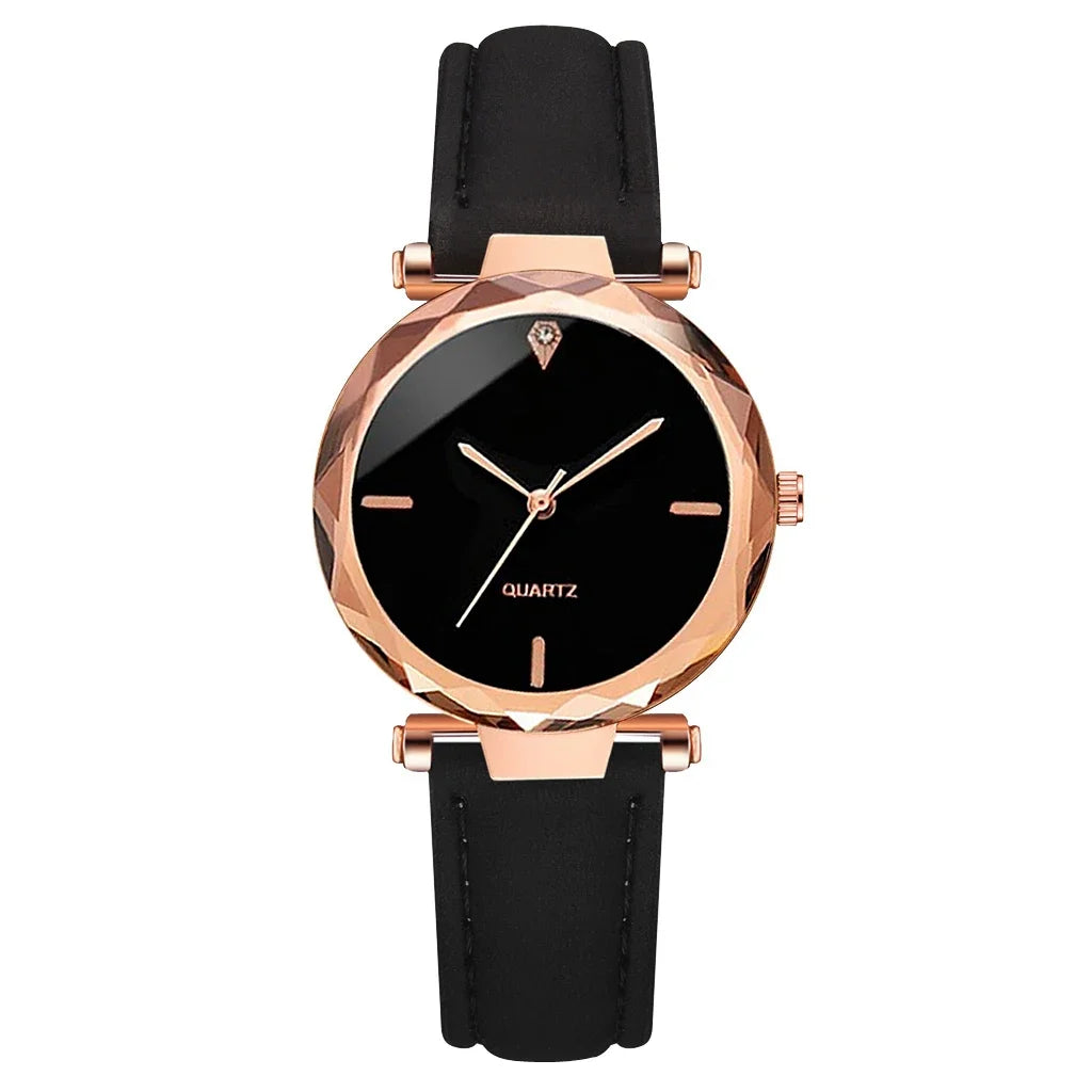 Luxury Fashion Women Watch Set PU Leather Strap Ladies Quartz Wristwatch Rhinestone RoseGold Alloy Bracelet For Ladies Gift