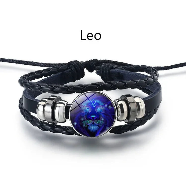 Gemini Leo Libra Scorpio Sagittarius 12 Constellation Luminous Bracelet Leather Bracelet Zodiac Charm Jewelry Bracelet for Men