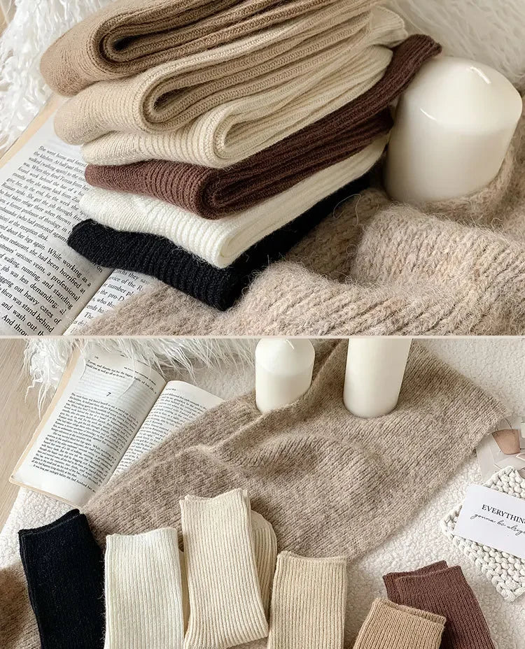Winter Cashmere Wool Woman Socks Solid Cream Color Harajuku Retro Long Socks Women Girls Thermal Crew Sock Calcetines Mujer New
