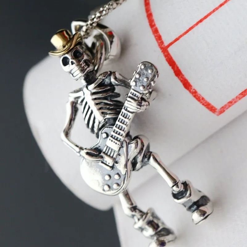 Vintage Skull Playing Guitar Pendant Necklace For Men Fashion Hip Hop Rock Party Stainless Steel Chain Hip-hop Jewelry Gifts