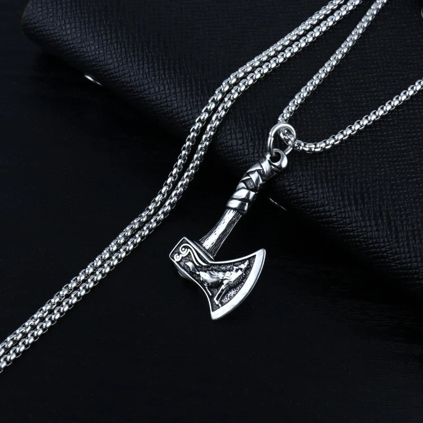 Punk Style men's Necklace With Viking Axe Pendant Silver Color Vintage Wolf Pattern Hip Hop Rock Jewelry Neck Accessories Gifts