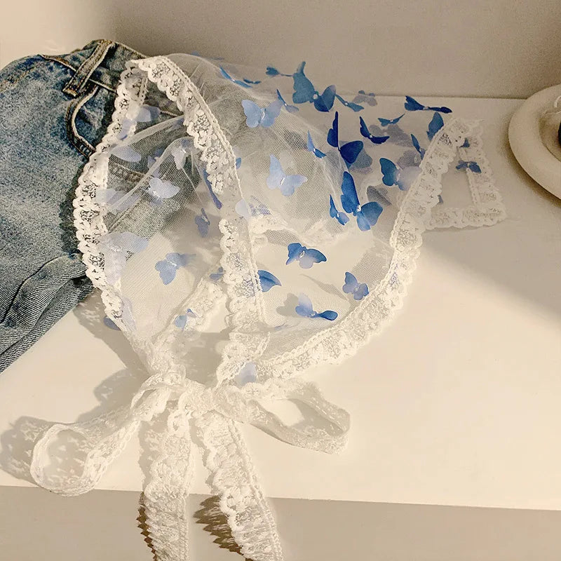 Dopamine Butterfly French Fairy Lace Triangle Headscarf Women's DIY Headwear Mesh Silk Scarf Hairband Summer Beach Accessories