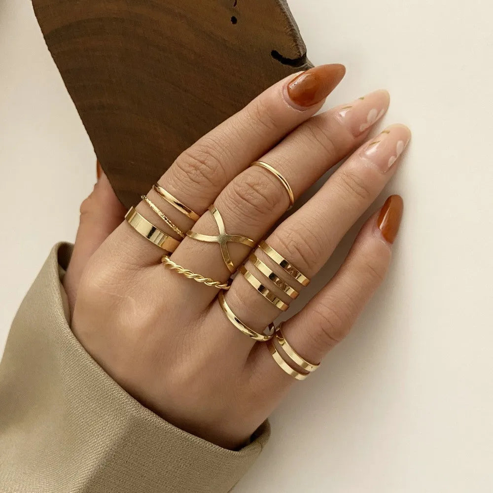 Vintage Korean Gold Silver Color Pearl Rings Set Jewelry For  Girls Butterfly Hollow Heart  Ring For Women Accessories
