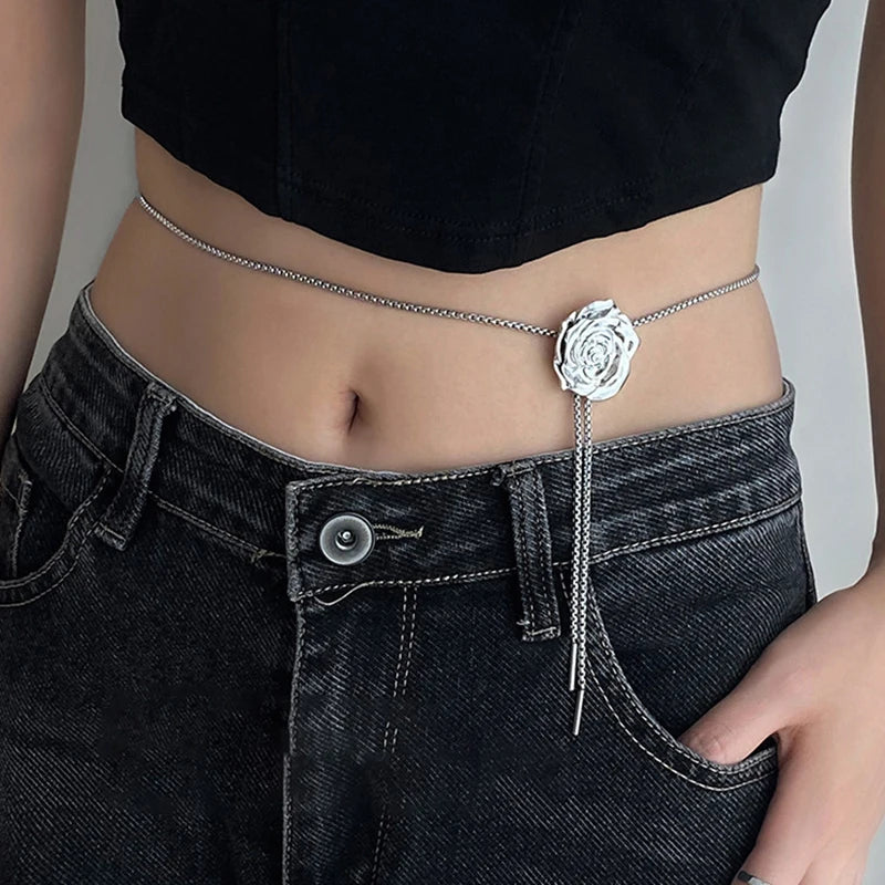 Punk Liquid Metal Butterfly Rose Flower Waist Chain Adjustable Silver Color Pendant Snake Bones Body Chain Punk Hiphop Jewelry