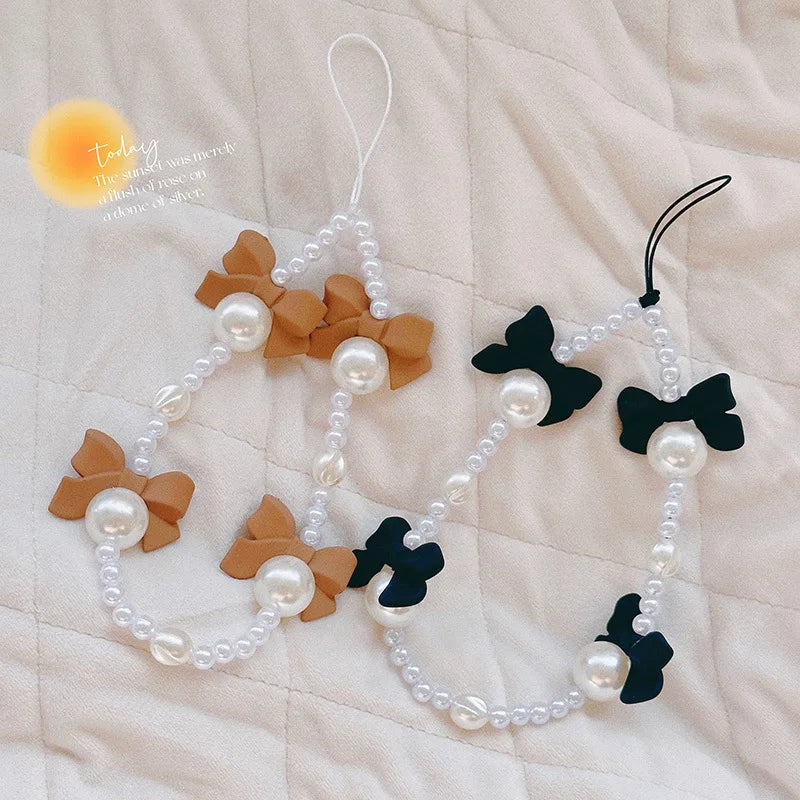 1pc Charm Bowknot Mobile Phone Chains For Women Girls Telephone Charm Strap Pink Black Acrylic Pearl Beaded Lanyard Jewelry Gift