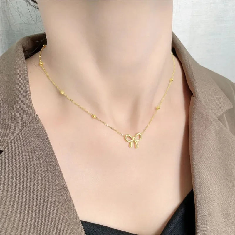 Stainless Steel Beads Chain Hollow Bowknot Pendant Necklace Bracelet for Women Niche Simple Jewery Accessory