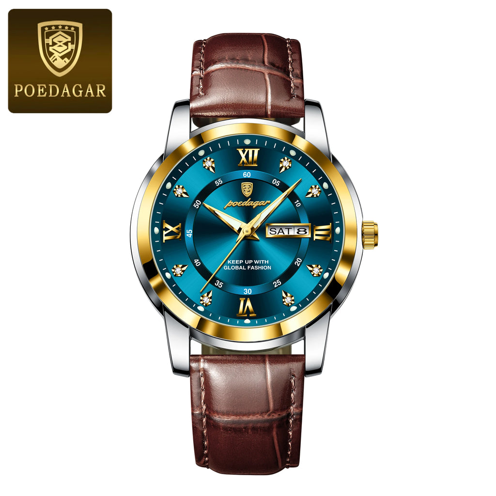 POEDAGAR Luxury Business Men Watch Waterproof Luminous Week Date Man Wristwatch High Quality Leather Sports Men's Quartz Watches