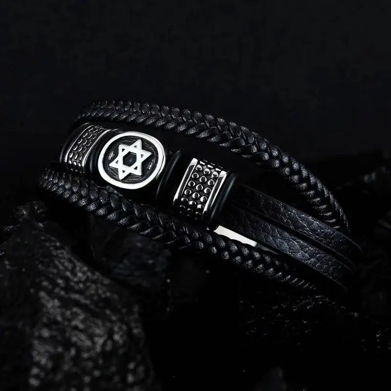 Fashion Star of David Multilayer Leather Braided Bracelet with Magnetic Clasp Men\\\\'s Vintage Judaica Amulet Jewelry
