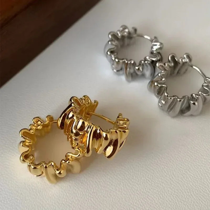 Personality Irregular Wavy Pleated Hoop Earrings for Women New Charm Gold Plated Stainless Steel Dangle Jewelry Accessories Gift