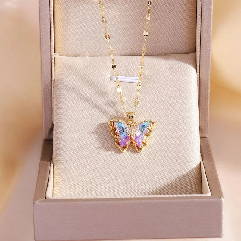 Micro-inlaid Crystal Butterfly Necklace Fashion European American Style Cute Classic Light Luxury Transparent Clavicle Chain