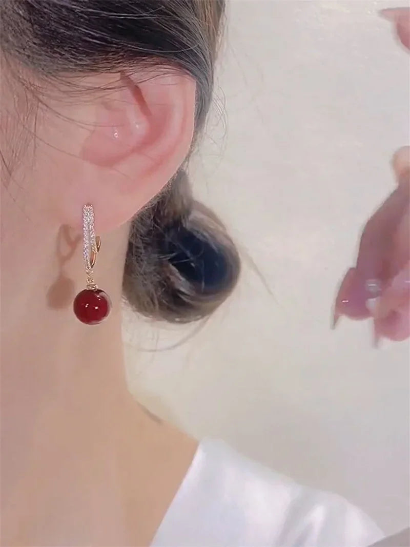 Retro Red Simulated Pearl Dangle Earrings Korean Trendy Ball Bead Long Drop Earring  Ladies Fashion Jewelry Accessories