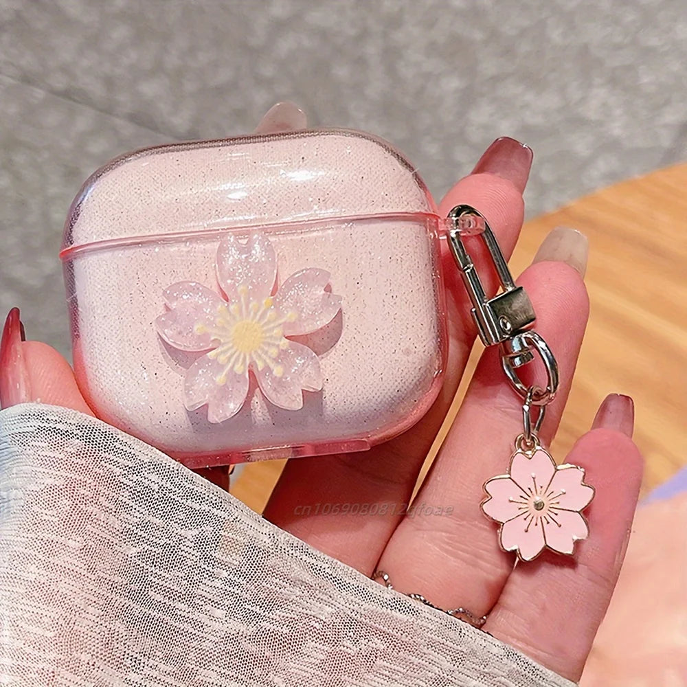 Sparkling Pink Cherry Blossom Suitable Cases for Apple AirPods Pro 1/2/3 Generation Wireless Bluetooth Earphone Case Transparent