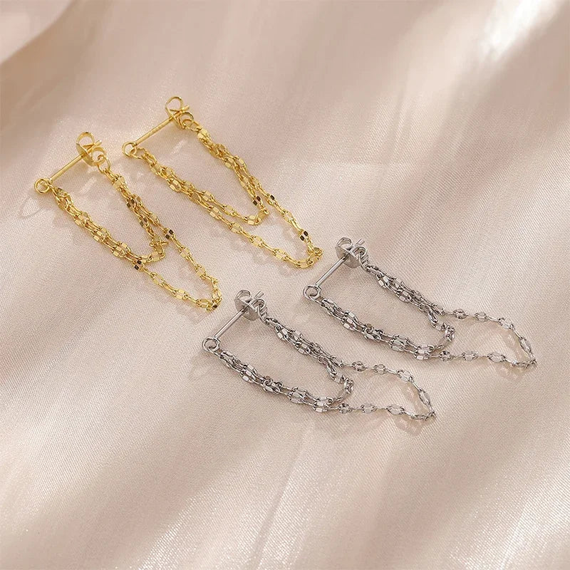 925 Sterling Silver Double Layered Tassel Earrings Long Sparkling Chain Earrings Summer Exquisite and Fashionable Party Jewelry