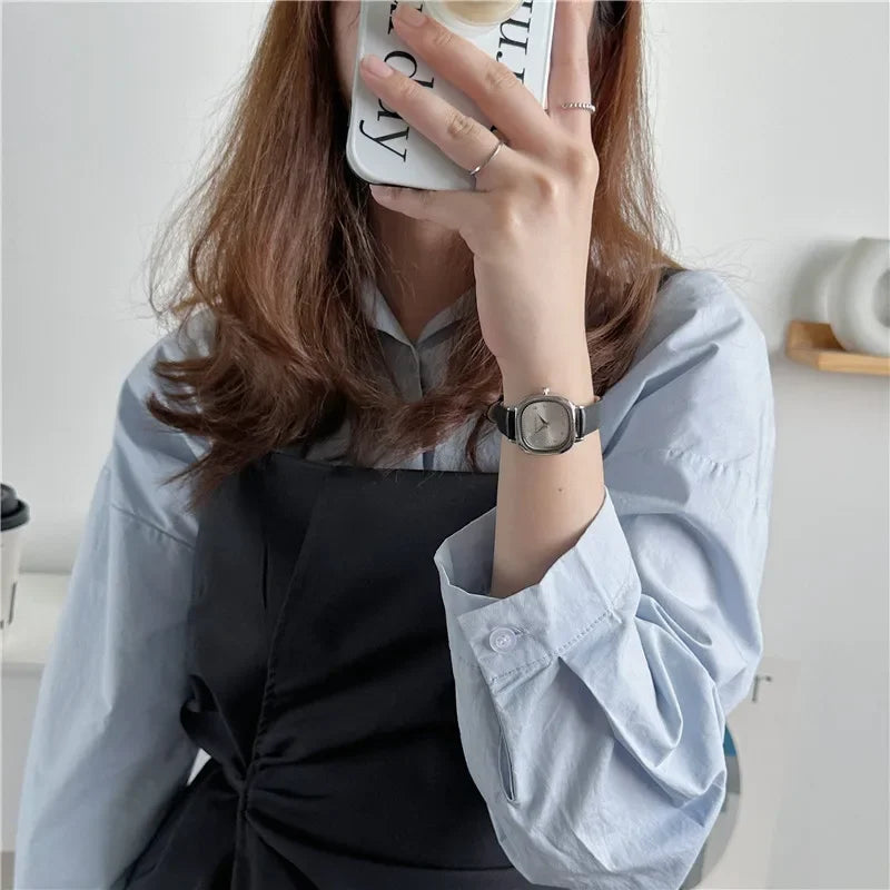 Luxury Women Quartz Watch Leather Strap Small Square Dial Green Watch Casual Fashion Versatile Vintage Wristwatches Dropshipping