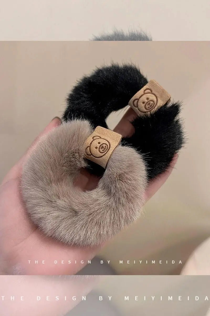 Autumn and Winter Plush Patch Bear Towel Ring Hair Tie Korean Style Hair Accessories Headband Thick High Elastic Hair Rope