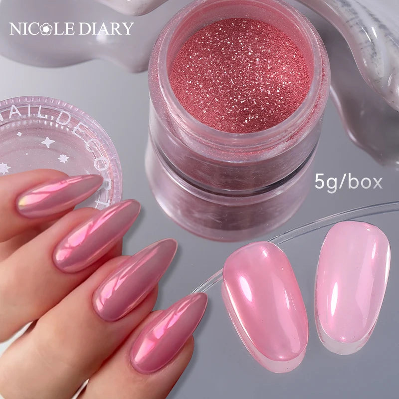 NICOLE DIARY 5g Aurora Pearl White Pink Nail Powder Chrome Pigments Metallic Rubbing Dust Moonlight Effect Nail Arts Decoration