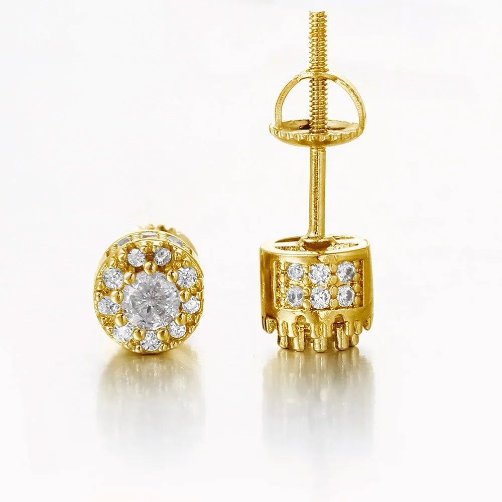 Hippie Iced Out Studs Earrings For Men Punk Silver Color Round Cubic Zirconia Earings Shiny Gold Color Jewelry Gift Male OHE174