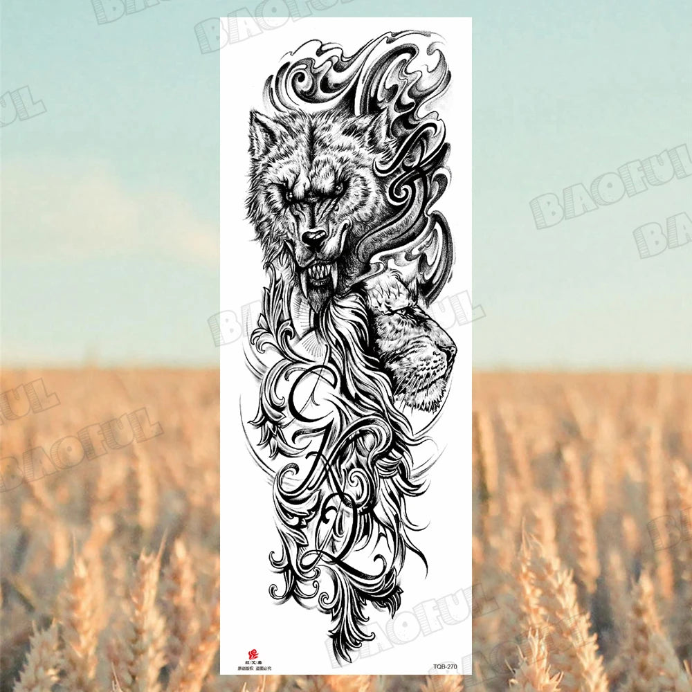 Arm Sleeve Temporary Tattoos For Women Men Realistic Wolf Lion Rosette War Maori Flower Fake Tattoo Stickers Sexy Thigh Tatoos