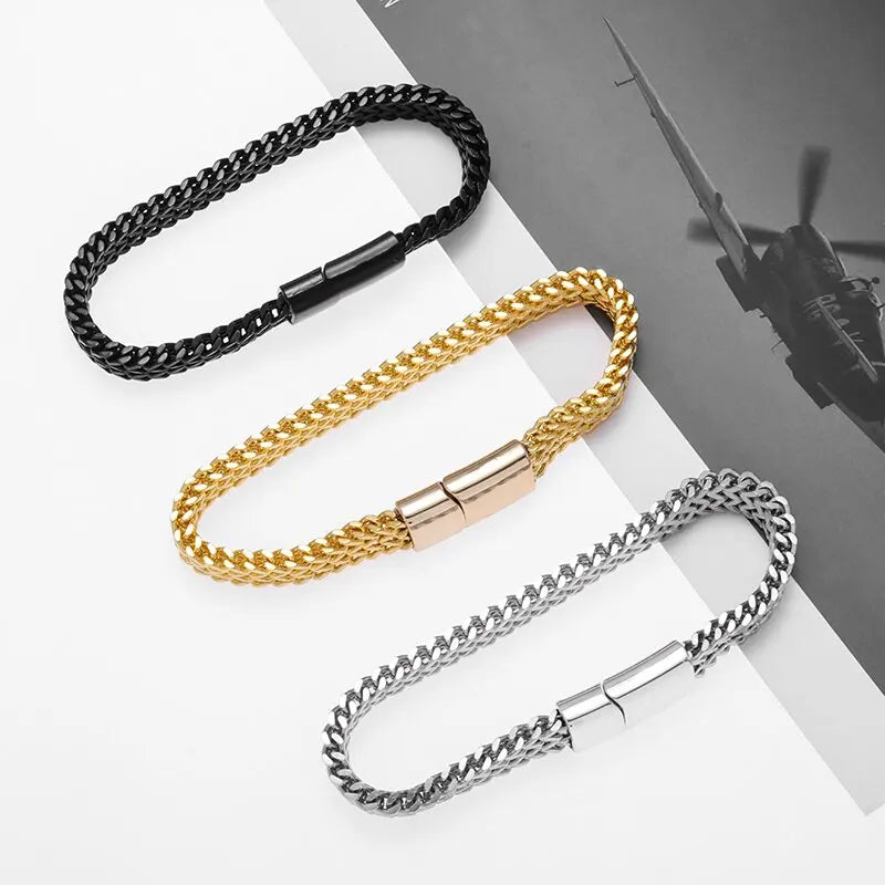 Stainless Steel Braided Double Row Metal Bracelet Suitable for Men and Girls Personalized Hip Hop Rock Party Punk Jewelry