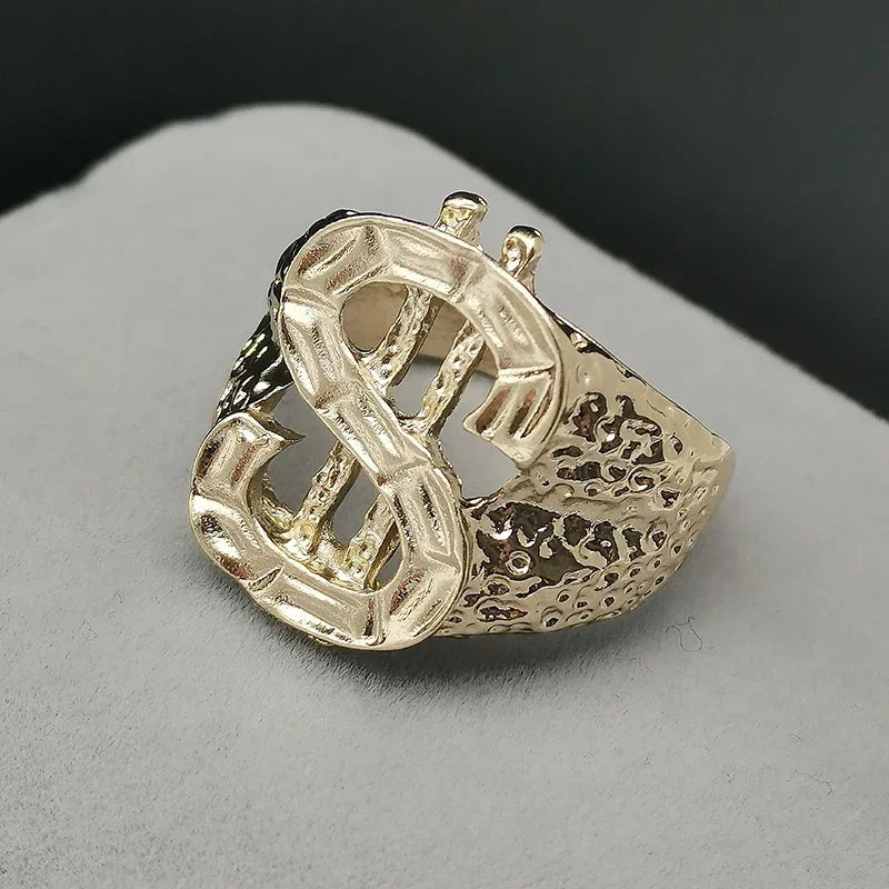 Luxury Golden Dollar Sign Bling Trendy Ring for Men Fashion Hip Hop Rock Party Jewelry Ring Mens Jewellery Gift Wholesale