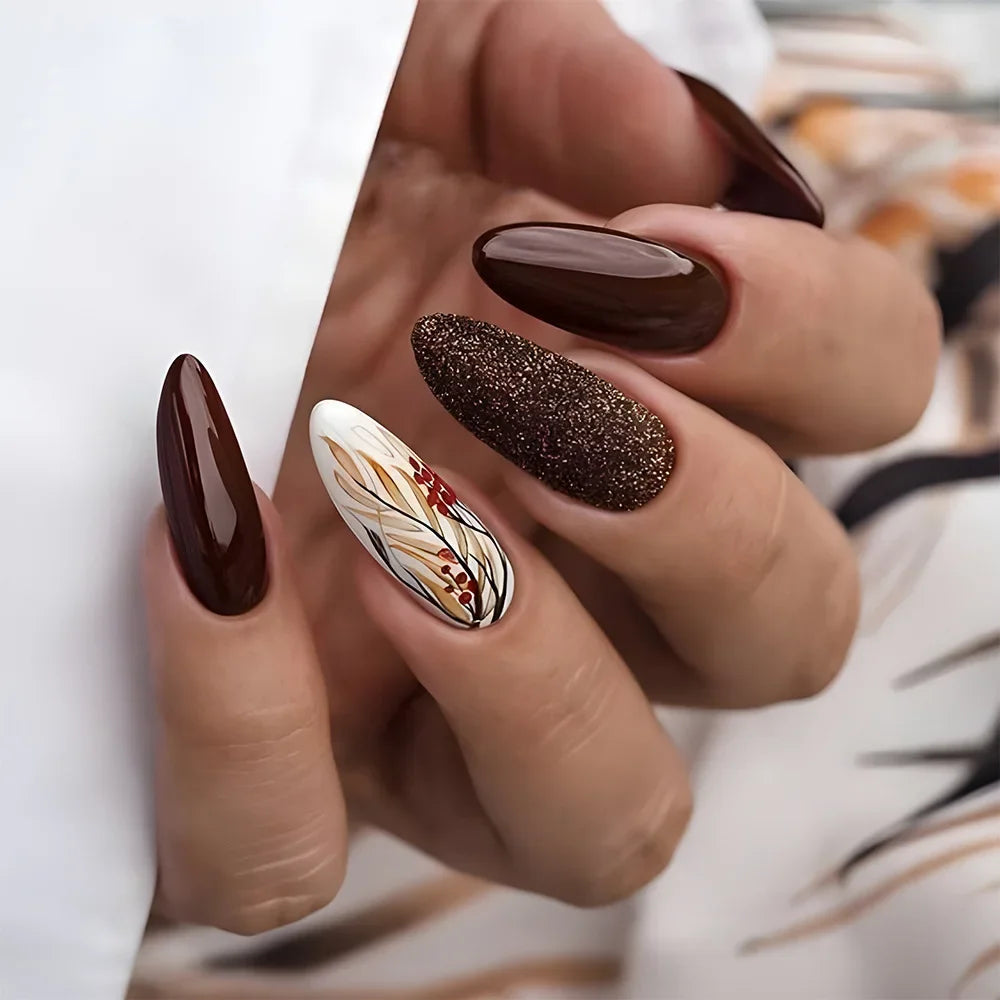 24pcs winter fall leaves brown black false nails with almond French artificial nails with glue short stiletto fake press on nail