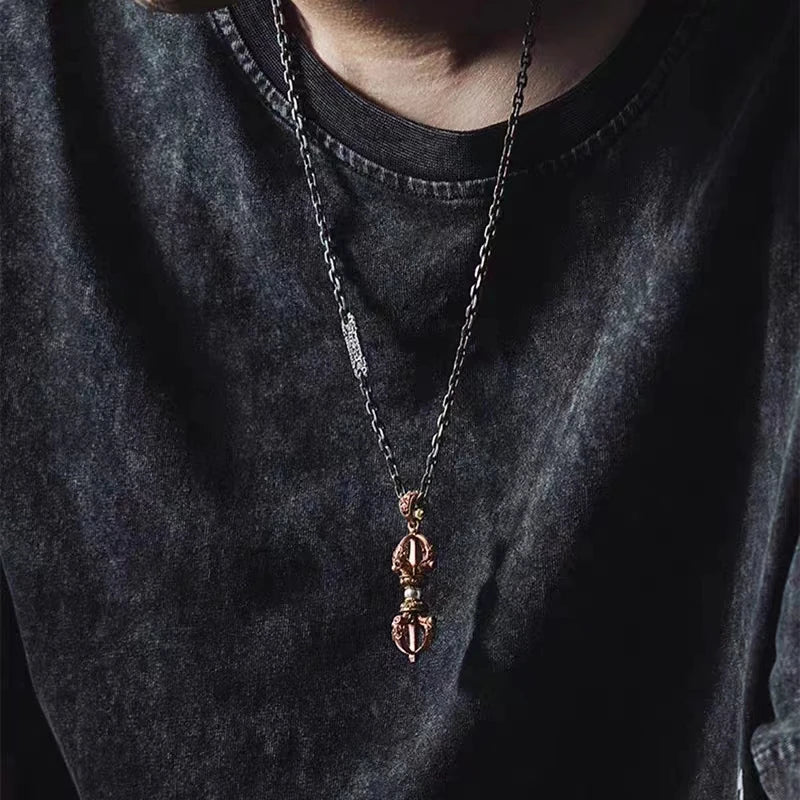 Vintage Buddhist Dharma Vessel Exorcism Vajra Pendant Necklace for Men Necklace Religious Amulet Accessory Gift